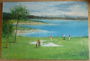 DAVID ROTH, COLLECTIBLE GOLF GOLFING SPORTS OIL PAINTING VINTAGE CHUNKY IMPASTO - Picture 1 of 18