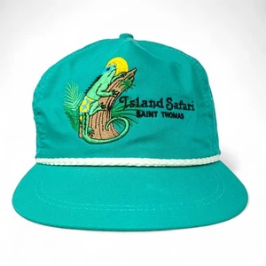 Vtg Saint Thomas Island Safari Iguana Cap Strapback Hat Embroidered Aqua Green - Picture 1 of 13