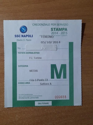 Biglietto Ticket Pass Calcio Stadio Italia NAPOLI vs TORINO 2014 15 2015 - Immagine 1 di 2