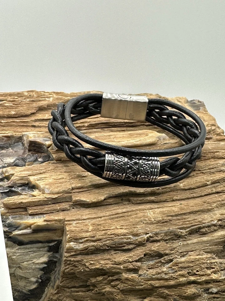 Hombres Mujeres Tres Hilos Cuero Con Cierre Deslizante de Metal Pulsera 8 Pulgadas Foto 1 de 3