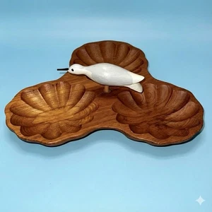 Vintage MCM handgeschnitzte Affenschote Holz 3 Abschnitte Schale Schüssel mit Ufer Vogel Küste - Bild 1 von 10