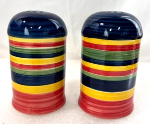 Large Fiesta Style Salt & Pepper Shakers Ceramic Striped Multicolored ~ Set of 2 - Picture 1 of 6
