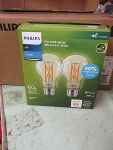 2 PACK Philips Ultra Efficient  Soft White  Clear LED Bulb 60W A19 Medium LB27 - Picture 1 of 2