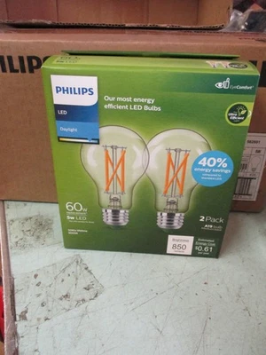 2 PACK Philips Ultra Efficient  Soft White  Clear LED Bulb 60W A19 Medium LB27 - Image 1 of 2