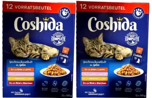 24x 100g Coshida Katzennahrung Menü in Gelee ENTE, LAMM, HÄHNCHEN, RIND, LACHS - Bild 1 von 1