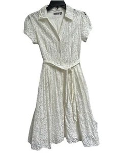 Apt 9  Tie Front Ivory Lace Shirt Dress Short Sleeves Cotton Lined, Size 4 Nice - Picture 1 of 14
