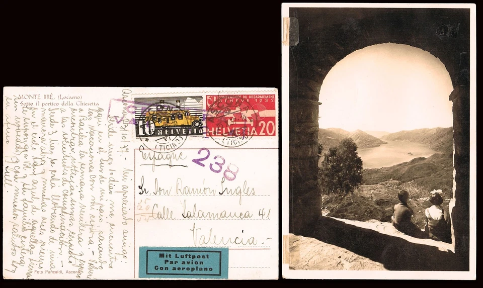 Suiza - Yv o TP 302+A17 - 1937 - Postal correo aéreo de Acona a Valencia +  - Imagen 1 de 1