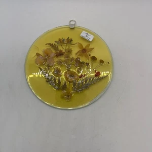 Vintage Made in Italy Handmade Art Flat Round Glass With Submerged Real Flowers - Picture 1 of 5