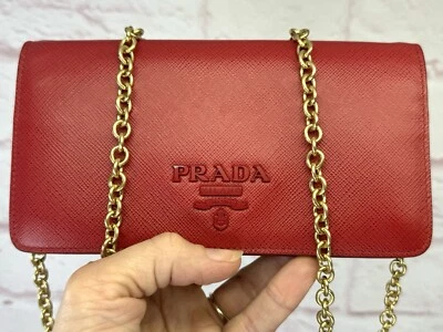Prada Saffiano Red Mini Bandoliera Chain Clutch Crossbody Bag - Image 1 of 4