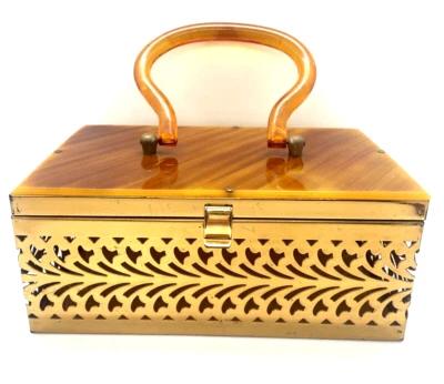 Vintage 1950's Bakelite & Brass Metal Filigree Cutout Box Purse Handbag Art Deco - Image 1 of 4