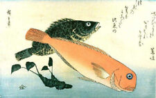 Oil painting Ando-Hiroshige-Amadai-Mebaru-and-Wasabi-Root swimming fish canvas