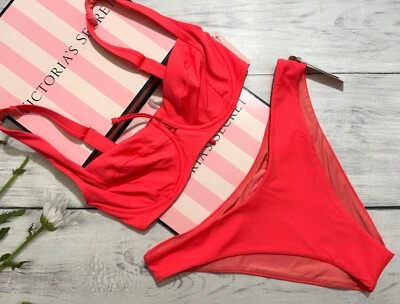 Conjunto de bikini Victoria's Secret Swim Wicked Brazilian Bottom rayado coral Foto 1 de 4
