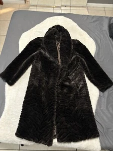 Mariel Vintage Faux Fur Brown Coat Size Medium Jacket Black Striped - Picture 1 of 8