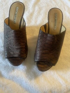 via spiga Brown Leather Sneak Skin Platform Wedge & Wooden Heels Sandals Size 5 - Picture 1 of 13