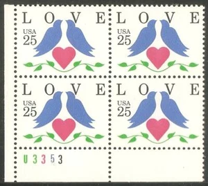 US USA Sc# 2440 var MNH FVF PLATE # BLOCK Love Birds Heart 12.5x13 Pl#Top/Bot - Picture 1 of 1