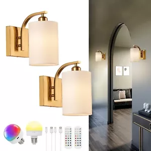 Rechargeable Battery Operated Wall Sconces Set of 2, Vintage Gold Fabric Wall... - Picture 1 of 9