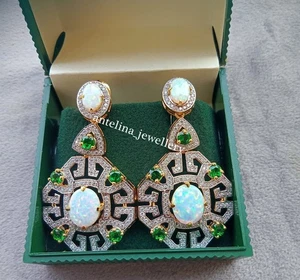 Oval Cut Fire Opal &Simulated Diamonds Beautiful Drop Dangle Earrings 925 Silver - Picture 1 of 9