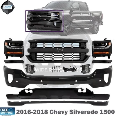 Front Bumper Primed & Headlights Assembly Kit For 2016-2018 Chevy Silverado 1500 - Image 1 of 4