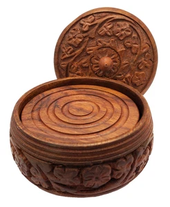 Vintage Handcarved Floral Design Wooden Lidded Box with Six Round Coasters - Picture 1 of 4