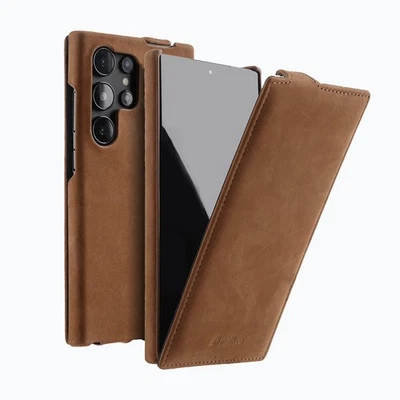 Funda abatible delgada vertical de cuero genuino hecha a mano para Samsung S24 S25 Ultra Foto 1 de 4