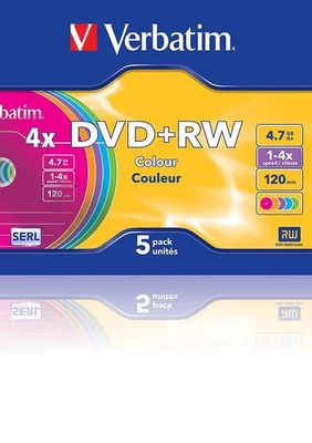 VERBATIM DVD+RW SERL 4.7GB 4x Speed 5er Slim Case Rohlinge Oberfläche Colour - Bild 1 von 2