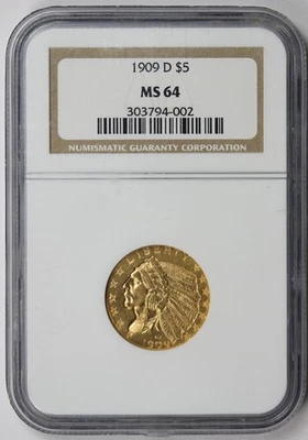 1909-D Indian Head Half Eagle Gold $5 MS 64 NGC - Image 1 of 4