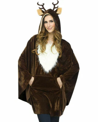 PLUSH BROWN REINDEER PULLOVER PONCHO with Faux Fur Trim, Antlers Headband 1 Size - Image 1 of 3