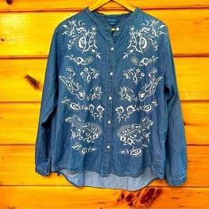 April Cornell Tunic Womens L Cotton Blue Embroidered Boho Long Sleeve - Picture 1 of 4