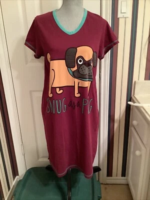 Lazy One Snug Pug Women's V-neck Nightshirt Size S/M Purple - Image 1 of 4