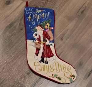 Vintage Santa St. Nick Needlepoint Christmas Eve Stocking Wool 20" Handcrafted - Picture 1 of 5