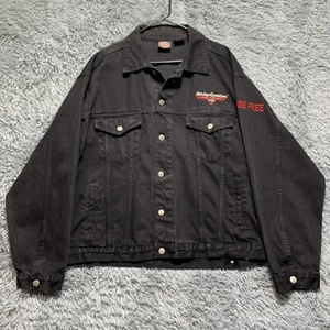 Vintage Harley Davidson Café Las Vegas Black Denim Jean Jacket Great Cond Sz L - Picture 1 of 6
