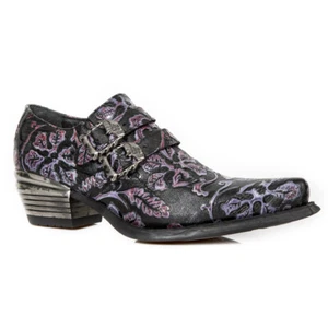 NEW ROCK 7960-S8 Shoe EMBOSSED VINTAGE Black Leather Buckle Steel Heel Shoes - Picture 1 of 8
