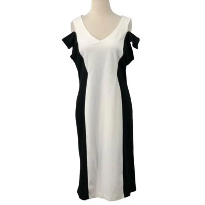 Nuevo con etiquetas Vestido midi Ronni Nicole para mujer hombro frío negro/blanco bloques de colores talla 12 Foto 1 de 4