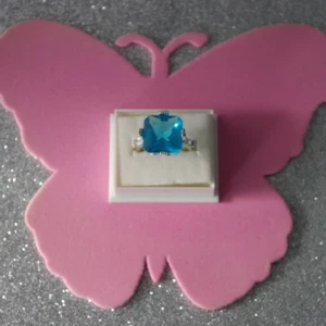 Nice Princess Cut Aquamarine & Cz. Silver Ring 4 Gr.Size L1\2 & O - US 6 & 7 - Picture 1 of 1