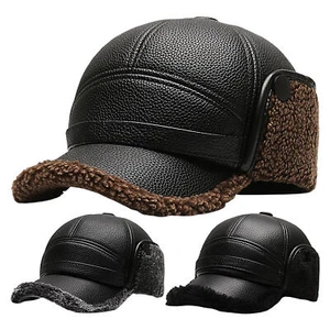 Men's Leather Baseball Caps Winter Hats With Ear Flaps Warm Cap Hat Gift - Picture 1 of 15