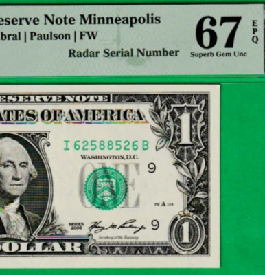 RADAR SERIAL  # I 62588526 B   $1   2006  Federal Reserve note Fr. 1933-I PMG 67 - Image 1 of 3