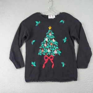 Vintage Christmas Sweater Cotton Ramie Black Christmas Tree Sz L 90s Nutcracker - Picture 1 of 17