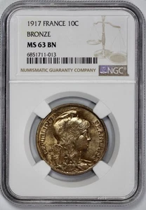 1917 France 10c Centimes NGC MS 63 BN Bronze - Picture 1 of 4