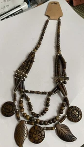 Bohemian Wood Bead Multi-strand Necklace with Carved Leaf And Circular Beads - Picture 1 of 3