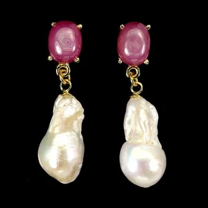 Summer 925 Sterling Silver Earrings Oval Ruby 10x8mm Pearl Natural Gemstone - Picture 1 of 13