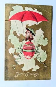 Vintage Easter Greetings Postcard Holiday Parachute Chick Metallic Gold Antique - Picture 1 of 3