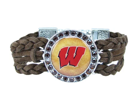 Wisconsin Badgers Braided Brown Leather Crystal Bracelet Jewelry Red UW Gift Cover
