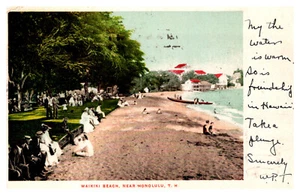 HONOLULU T.H. HAWAII TERRITORY WAIKIKI BEACH SCENE 1906 CANCEL OLD POSTCARD - Picture 1 of 3