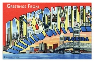 SALUTI JACKSONVILLE FLORIDA-MAGNETE CARTOLINA LETTERA GRANDE VINTAGE - Foto 1 di 1