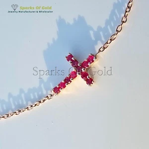 Genuine .56ct Ruby Cross Bracelet 14K Solid Gold Handmade Jewelry Christmas Gift - Picture 1 of 9