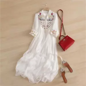 Chinese Style Embroidery Chiffon Dress National Art Chic Women 2023 Summer White - Picture 1 of 10