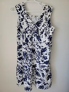 T Tahari Sleeveless Dress Size 1X Linen Blend Tiered Midi Blue White - Picture 1 of 14