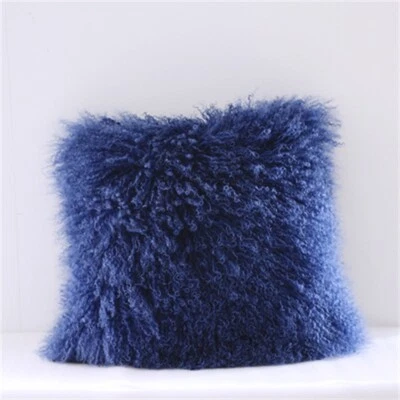Fluffy Mongolian Fur Pillowcase Tibetan Lamb HIDE Wool Cushion Cover Dark Blue - Image 1 of 3