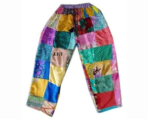 Handmade Patchwork Silk Palazzo Pant, Multi Assorted Patch Wide Leg Palazzo Pant - Picture 1 of 8