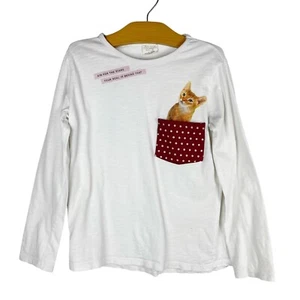 Zara Girl’s Casual Collection Long Sleeve Kitty Cat Pocket Tee Shirt Size 8 - Picture 1 of 6